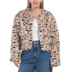 4TH & RECKLESS Leopard Cropped Faux Leopard Fur Jacket With Pockets